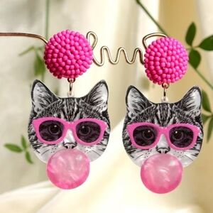 Pink Cat Earrings with Sunglasses